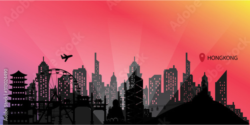 Hongkong Travel postcard, poster, tour advertising of world famous landmarks in paper cut style. Vectors illustrations
