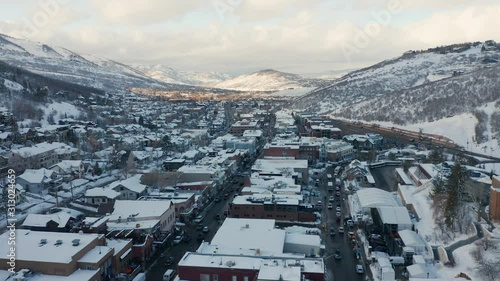 Aerial Drone Rise Up of Park City, Utah in the winter during the Sundance Film Festival. photo
