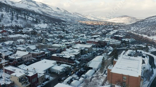 Aerial Drone Parallax of Park City, Utah in the winter during the Sundance Film Festival. photo
