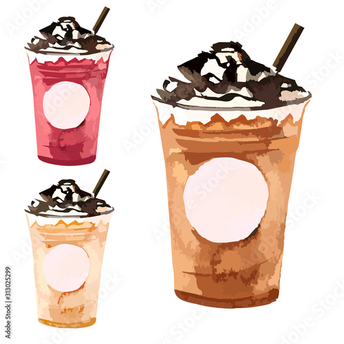 Vector watercolor style illustration of frappe coffee plastic cups to go in flavor colors and chocolate topping set