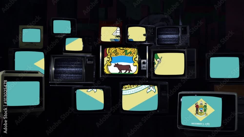 Flags Of Delaware On Retro Televisions. Blue Dark Tone. Flags Of Delaware On Retro Televisions. Blue Dark Tone.