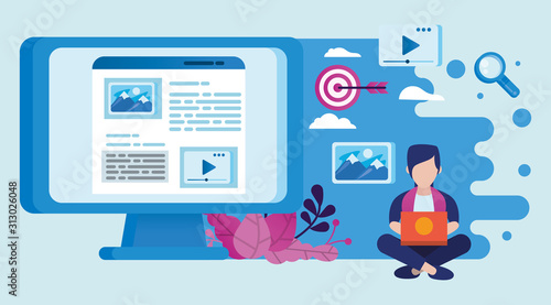 desktop and user with social media marketing icons