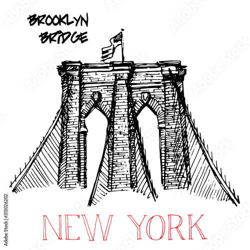 New York city symbol sketched. Vector Brooklyn bridge with lettering.