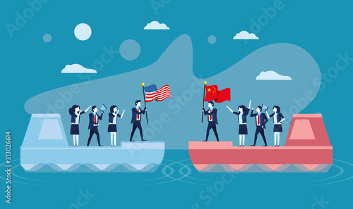 merchant ships with business people and usa and china flags