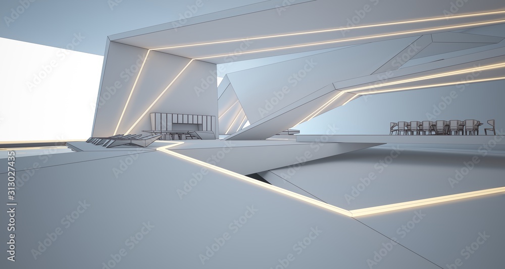 Fototapeta premium Abstract drawing architectural white interior of a minimalist house with swimming pool and neon lighting. 3D illustration and rendering.