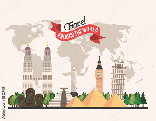 travel around the world design with set monuments