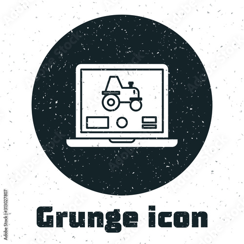 Grunge Laptop application for control a autonomous tractor on a smart farm icon isolated on white background. Smart agriculture implement. Vector Illustration