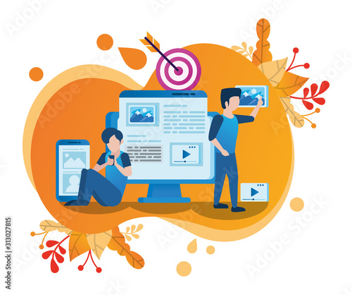 desktop and users with social media marketing icons