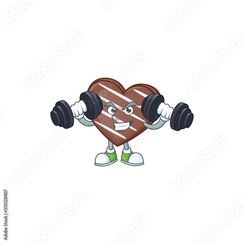 Fitness exercise stripes chocolate bar mascot icon with barbells