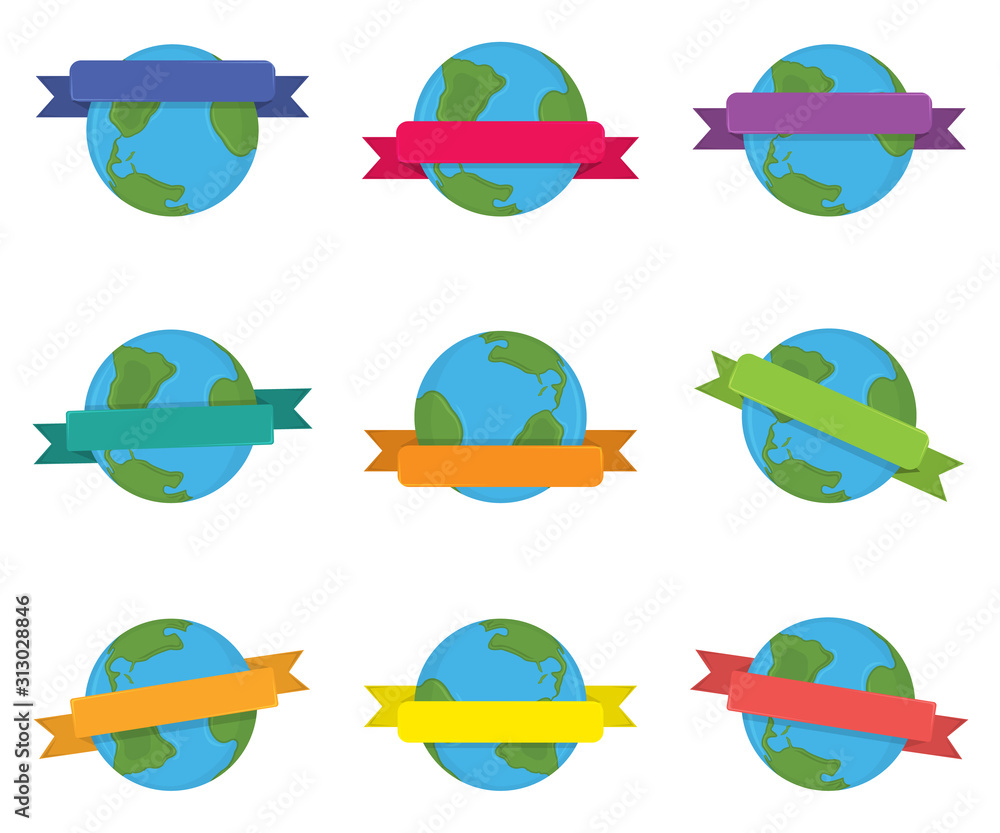 Set of Earth with Ribbon Label, Badge and Banner. Concept Sunburst Earth for Web, Print, T-Shirt. Logo, Icon and Background for Poster, Gift Card. Cartoon Vector Illustration