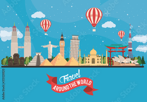 travel around the world design with set monuments