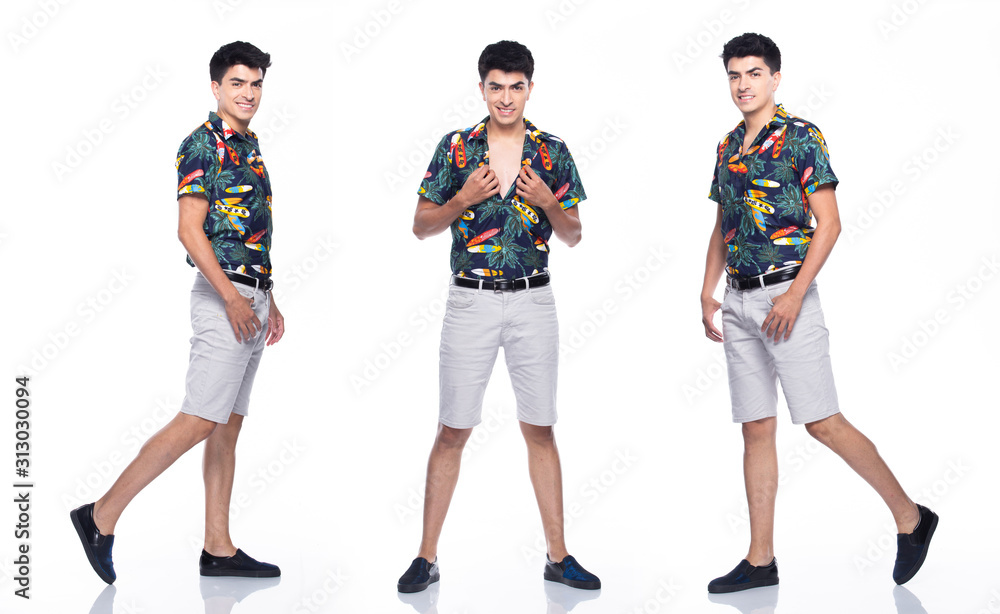 Young Caucasian Man in Summer tropical printed Polo Shirt black short stand and walk in smile happy action with using smart mobile phone, white background isolated, Full Length collage group concept Young Caucasian Man in Summer tropical printed Polo Shirt black short stand and walk in smile happy action with using smart mobile phone, white background isolated, Full Length collage group concept