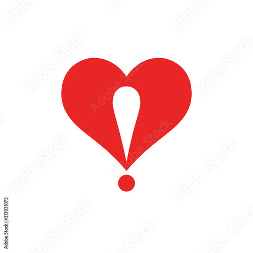 Heart logo with an exclamation point incorporated into design. Love, dating, or valentine concept. Minimalist vector icon.