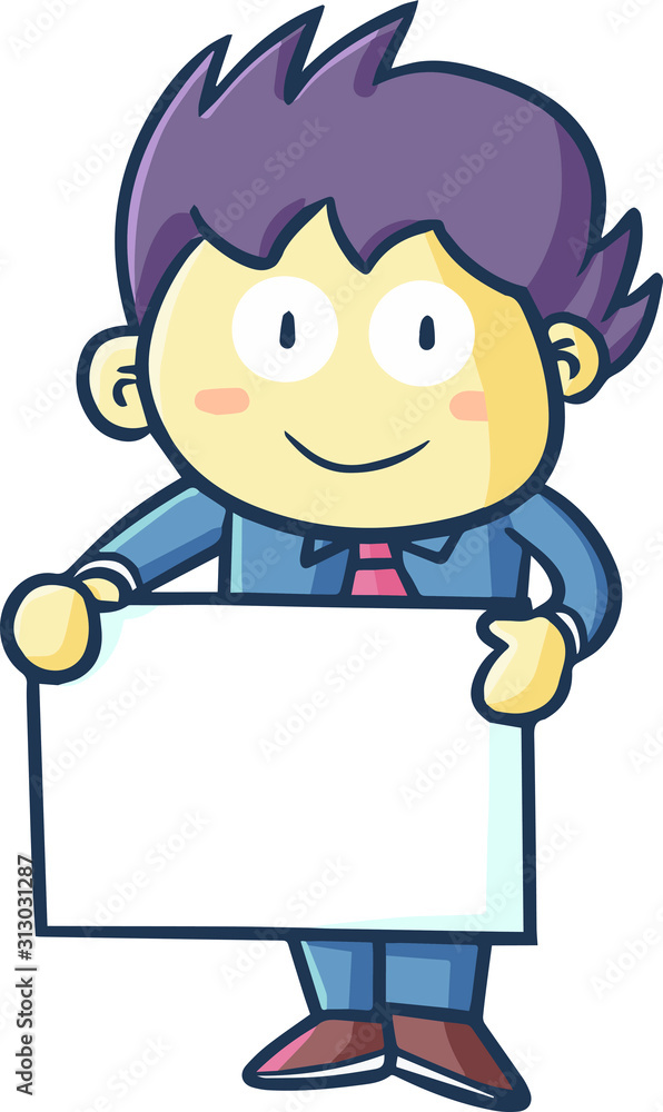 Cute and funny businessman holding an announcement board with two hands Cute and funny businessman holding an announcement board with two hands