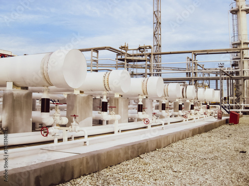 Heat exchangers in a refinery. The equipment for oil refining