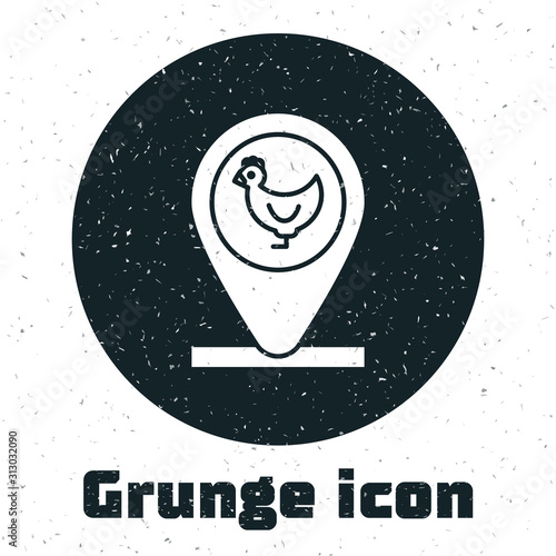 Grunge Chicken farm and location icon isolated on white background. Vector Illustration