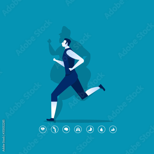 man fat turning into silhouette Thin for health on blue background graphic