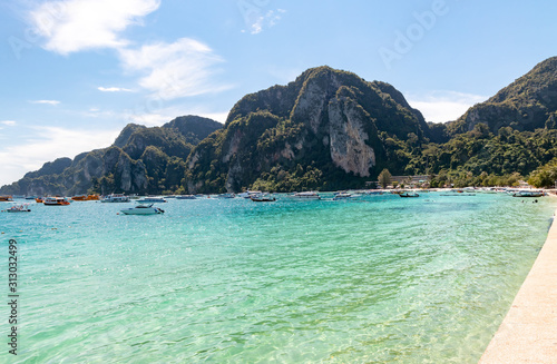 Clear water and mountains at Phi Phi Island in Thailand.