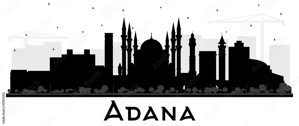 Adana Turkey City Skyline Silhouette with Black Buildings Isolated on White.