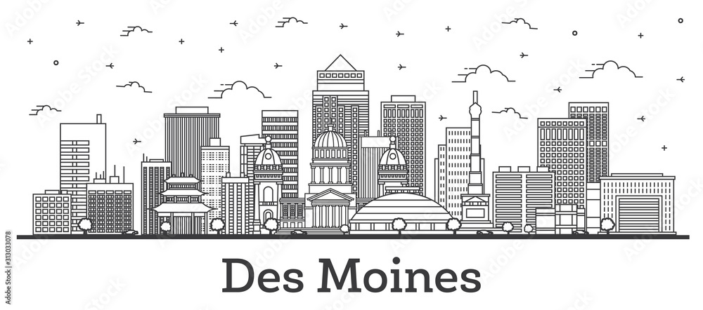 Outline Des Moines Iowa City Skyline with Modern Buildings Isolated on White. Outline Des Moines Iowa City Skyline with Modern Buildings Isolated on White.