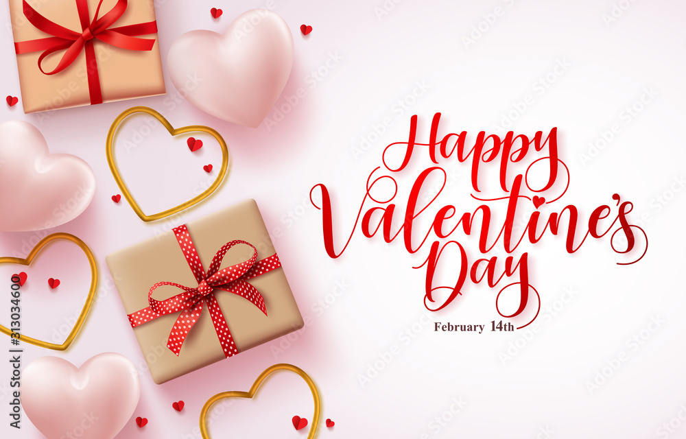 Happy valentines day greeting card vector background. Happy valentines day text in white empty space with heart shapes and gifts elements design template. Vector illustration. - obrazy, fototapety, plakaty 