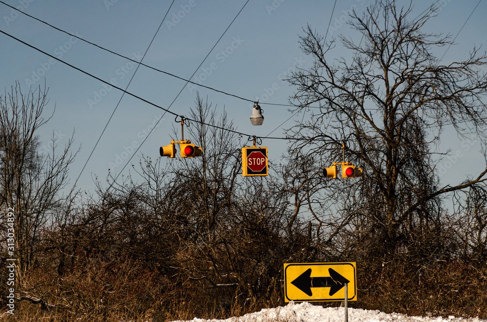 Obraz na plátně Two Flashing Red Lights with a Stop Sign