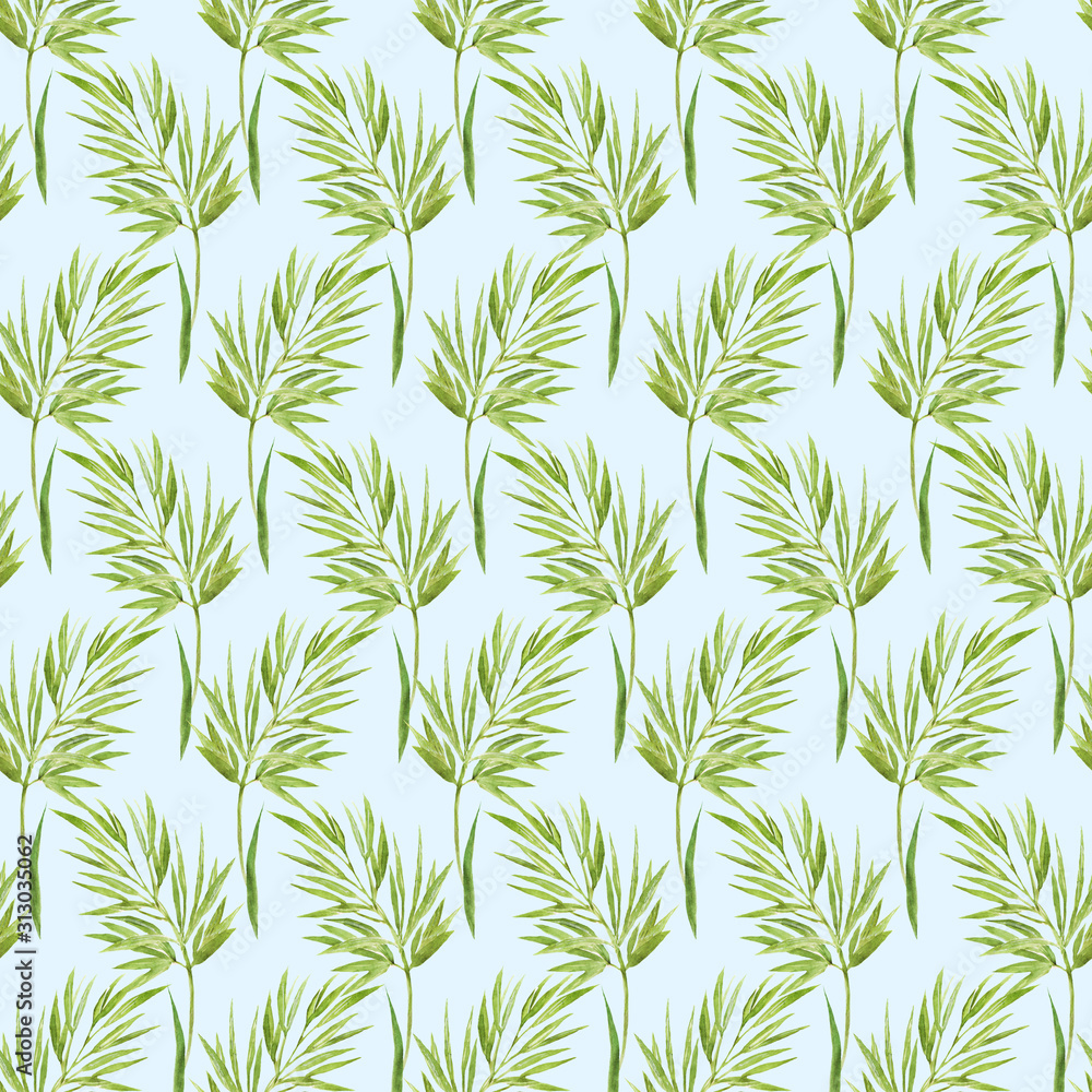 Summer seamless pattern of green spikelets of wild herbs on a light blue background. The element of the pattern is painted in watercolor, for printing on textiles, paper, for stamping and engraving.
