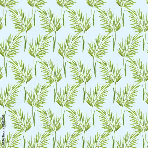 Summer seamless pattern of green spikelets of wild herbs on a light blue background. The element of the pattern is painted in watercolor  for printing on textiles  paper  for stamping and engraving.