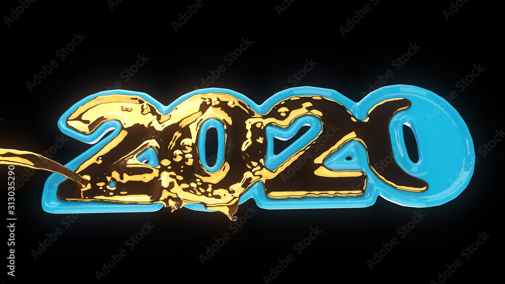 Happiness for the New Year 2020 lettering made by blue ceramic which is filled with liquid gold. Isolated on black background 3d illustration. Selective focus macro shot with shallow DOF