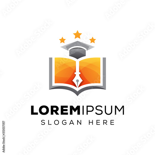 education book logo, college graduate logo, book with pen logo concept