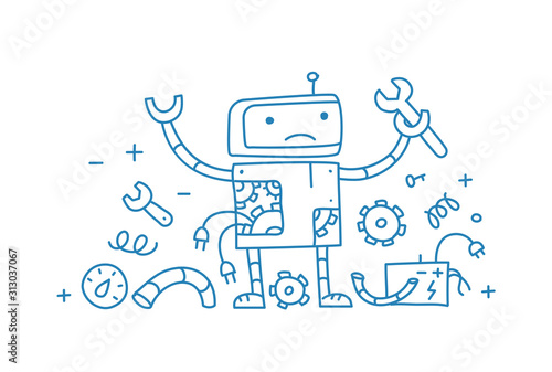 Page not found error 404. Robot fix repair. Fatal broke crash. Hand drawn sketch vector line contour.
