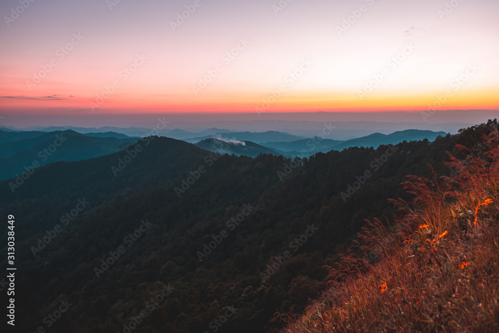 Landscape view of the mountain peaks at sunset.