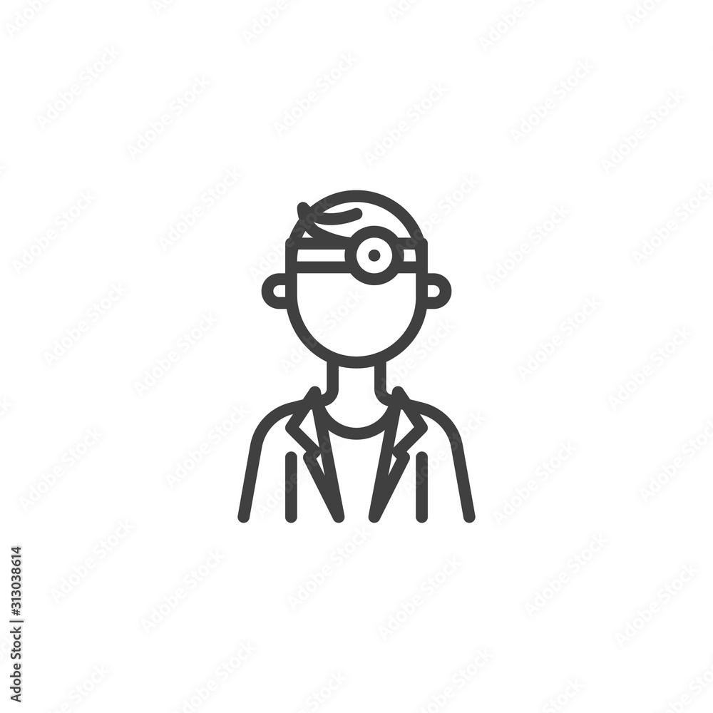 Male doctor with head mirror line icon. linear style sign for mobile concept and web design. Man doctor character outline vector icon. Healthcare symbol, logo illustration. Vector graphics