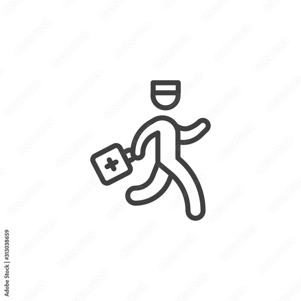 Doctor with medical bag line icon. linear style sign for mobile concept and web design. Medical doctor with first aid kit outline vector icon. Healthcare symbol, logo illustration. Vector graphics Doctor with medical bag line icon. linear style sign for mobile concept and web design. Medical doctor with first aid kit outline vector icon. Healthcare symbol, logo illustration. Vector graphics