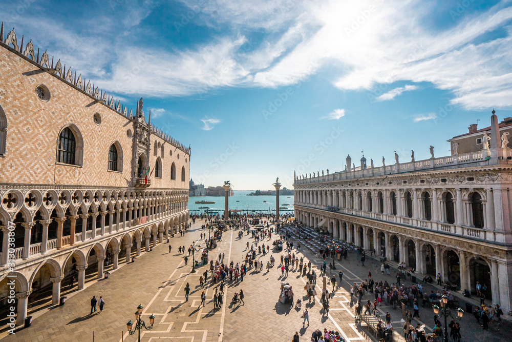 View of Piazza San Macro and St.mark basilica . The main sqaure and landmarks in Venice at noon before autumn season , Venice , Italy