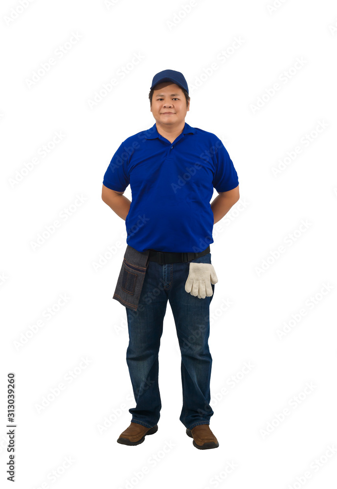 asian delivery man working in blue shirt with Waist bag for equipment isolated white background asian delivery man working in blue shirt with Waist bag for equipment isolated white background