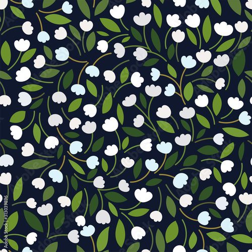 Beautiful Floral pattern with white tulips / lilies of the valley, leaves on a dark background. Forest botanical motifs scattered random. Seamless vector texture. Wild flowers print, elegant template.