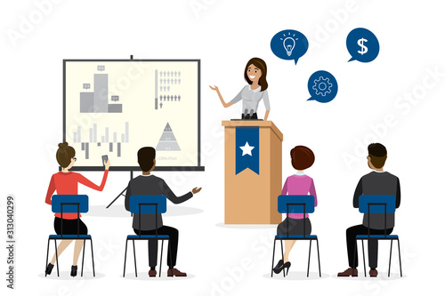 Businesswoman stands on podium and speaks into microphones. Teacher and leader educates business audience.