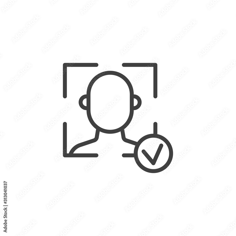 Face ID scanner with check mark line icon. linear style sign for mobile concept and web design. Face id approved outline vector icon. Cyber protection symbol, logo illustration. Vector graphics Face ID scanner with check mark line icon. linear style sign for mobile concept and web design. Face id approved outline vector icon. Cyber protection symbol, logo illustration. Vector graphics