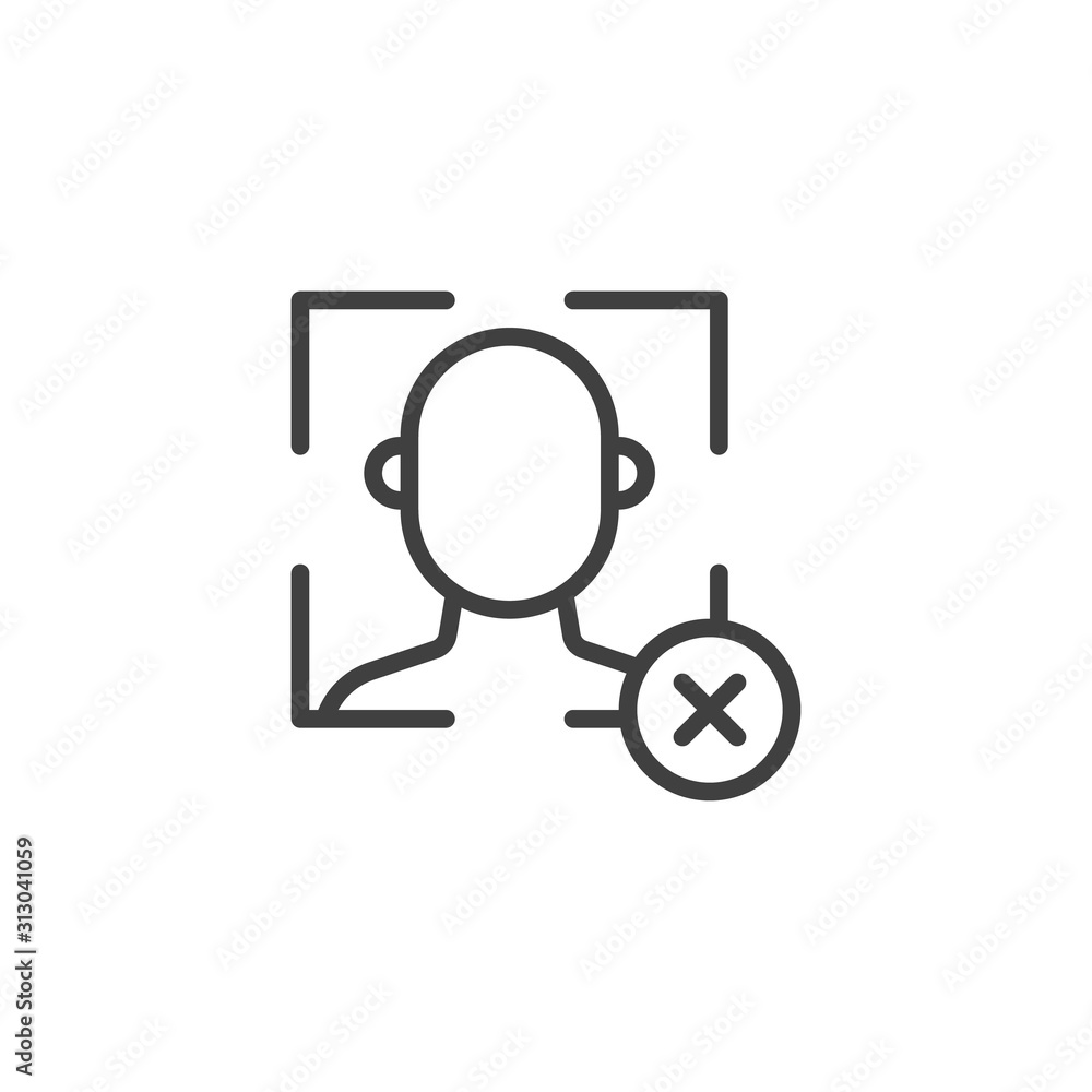 Face ID scan rejected line icon. linear style sign for mobile concept and web design. Biometric identification not recognized outline vector icon. Cyber protection symbol, logo illustration. Face ID scan rejected line icon. linear style sign for mobile concept and web design. Biometric identification not recognized outline vector icon. Cyber protection symbol, logo illustration.