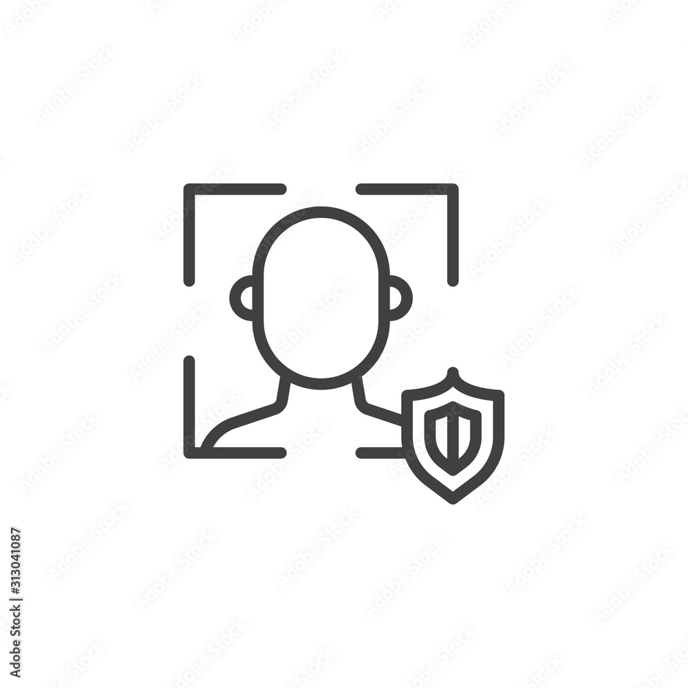 Face ID scan protection line icon. linear style sign for mobile concept and web design. Biometric identification with security shield outline vector icon. Cyber protection symbol, logo illustration. Face ID scan protection line icon. linear style sign for mobile concept and web design. Biometric identification with security shield outline vector icon. Cyber protection symbol, logo illustration.