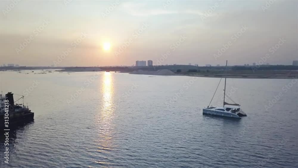White Boat with Evening Sun View - Aerial View White Boat with Evening Sun View - Aerial View