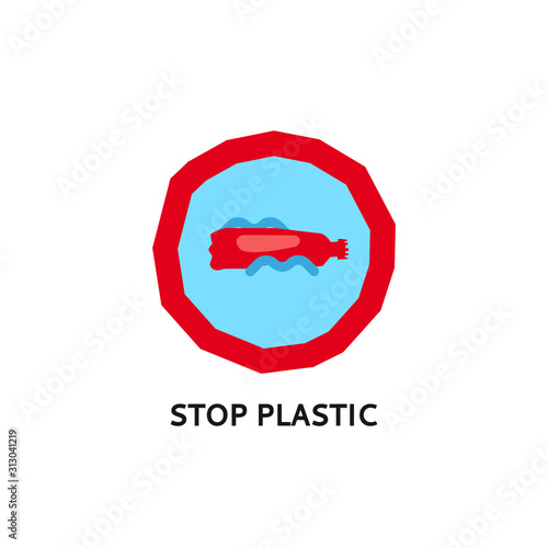 Social logo on the theme of ecology and pollution of nature. Stop plastic logo. Plastic pollution symbol. A stop sign in the garbage