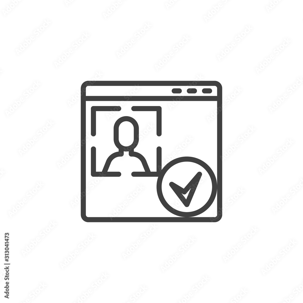 Account ID verification line icon. Facial recognition linear style sign for mobile concept and web design. Website admin verification outline vector icon. Cyber protection symbol, logo illustration. Account ID verification line icon. Facial recognition linear style sign for mobile concept and web design. Website admin verification outline vector icon. Cyber protection symbol, logo illustration.