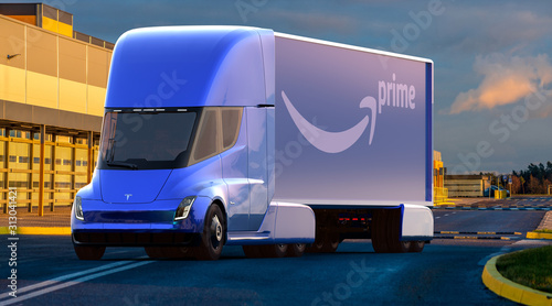 Tesla Semi Truck: Electric truck with semi-trailer with Amazon Prime logo  Stock Photo | Adobe Stock