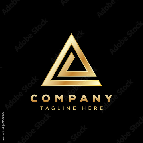 luxury triangle logo, letter E triangle logo, delta logo gold