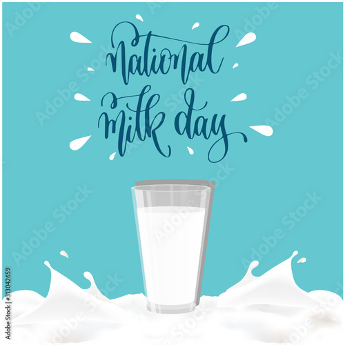 National Milk Day with Fresh Milk in a Glass and Hand Lettering text. Vector illustration for your design and print template.