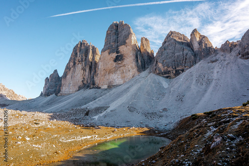 Nice view from Tre cime di lavaredo and hiking routes late afternoon .  One of the most beautiful mountain area in Dolomites  during Autumn season , Dolomites , South Tyrol , Italy photo