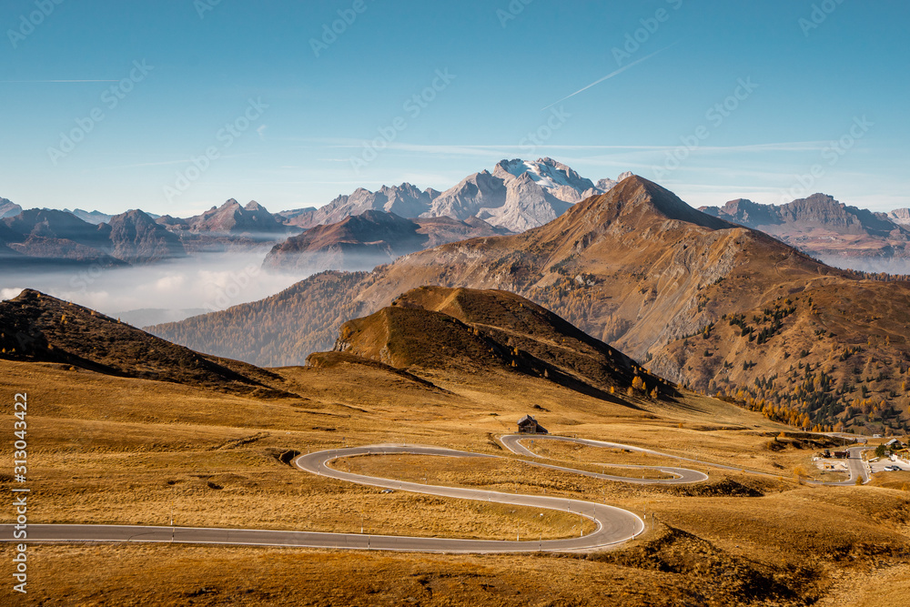 Nice view  from Passo Giau nature landscape in Dolomites . The Scenic road  in northern part of Italian Alps during autumn , Dolomites ,  South Tyrol and Trentino in Italy