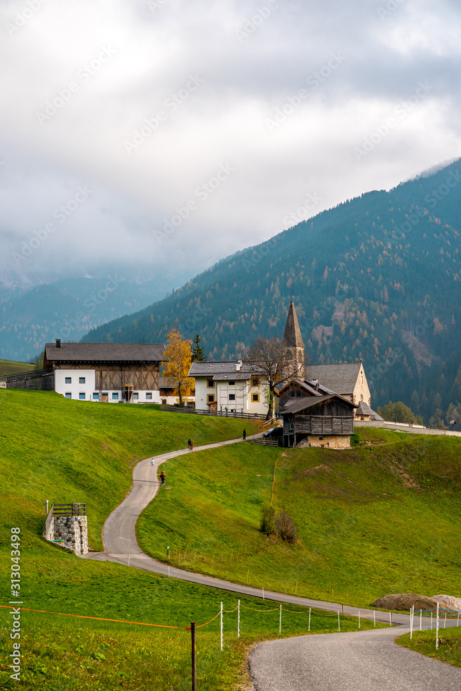 Nice view around Val di Funes  with beautiful nature landscape in Dolomites . The mountain range in northern part of Italian Alps during autumn , Dolomites ,  South Tyrol and Trentino in Italy